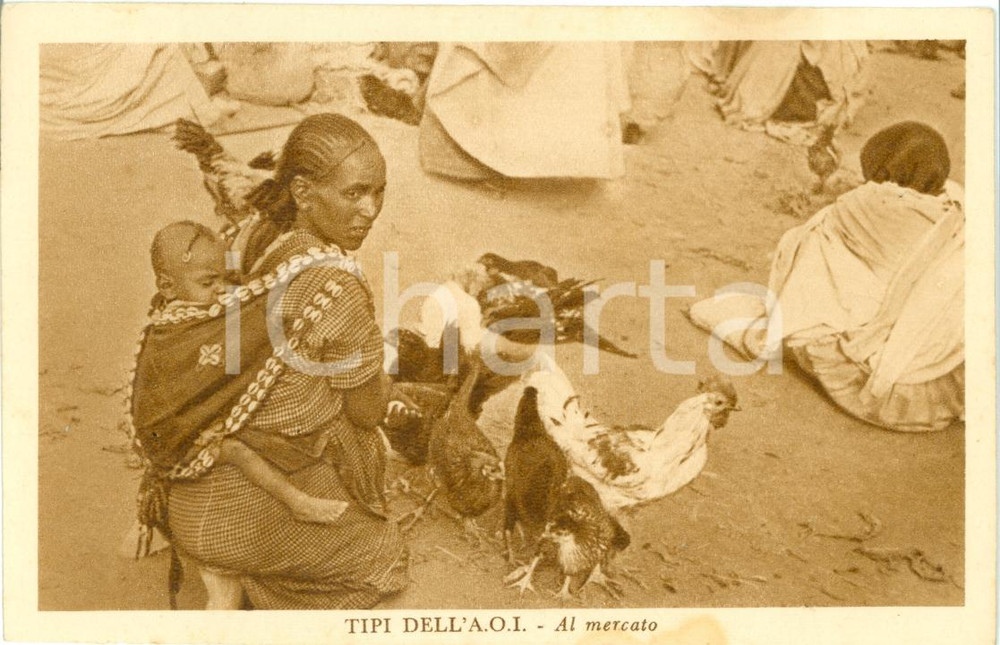 Cartolina originale da collezione 1936 ABISSINIA A.O.I. Donne al mercato con le galline Cartolina FP NV 1