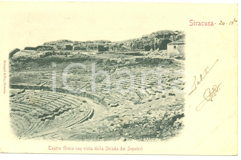Cartolina originale da collezione 1901 SIRACUSA Teatro GRECO con vista Strada SEPOLCRI *Cartolina FP VG 1