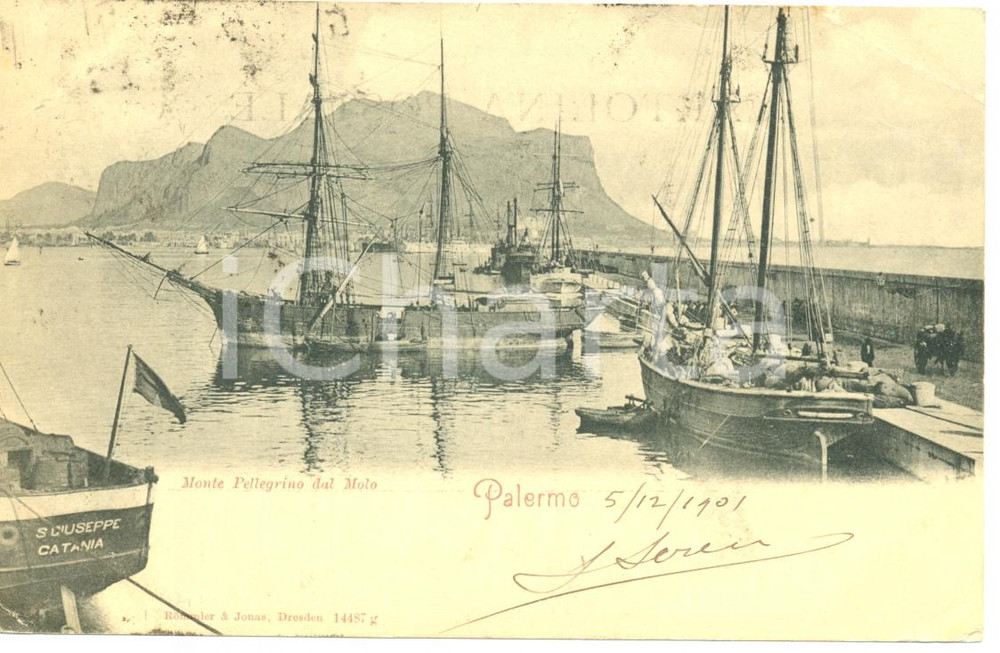 Cartolina originale da collezione 1901 PALERMO Monte PELLEGRINO dal MOLOCartolina FP VG 1