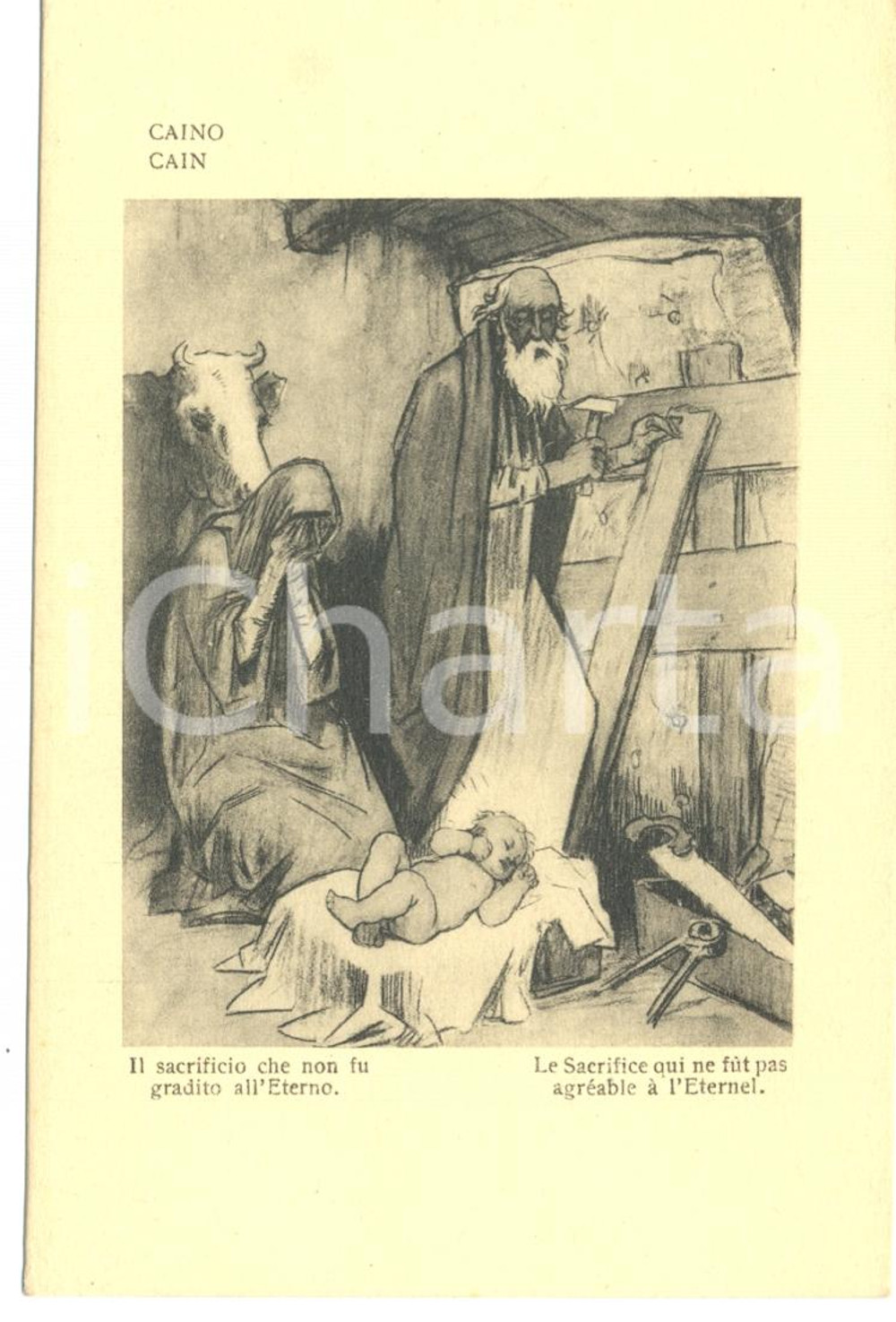 Cartolina originale da collezione 1917 WW1 SATIRA DI GUERRA Sacrificio non gradito all'Eterno CAINO *Cartolina 1