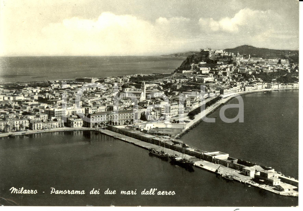 Cartolina originale da collezione 1959 MILAZZO (ME) Panorama dei due mari dall'aereo *Cartolina FG VG 1