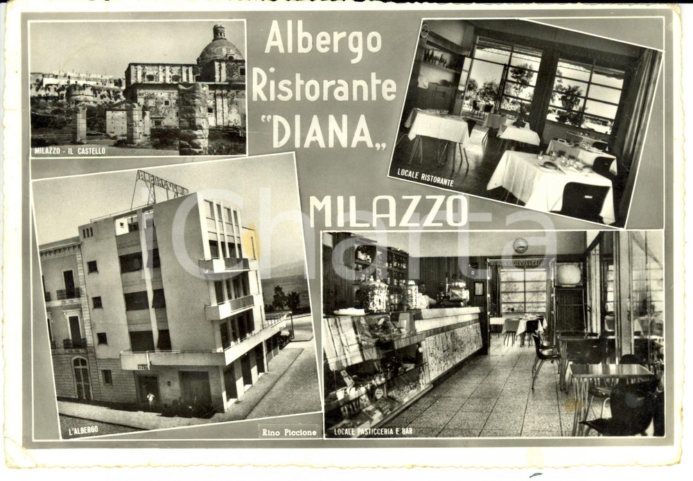 Cartolina originale da collezione 1961 MILAZZO (ME) Vedutine Ristorante Diana e Castello *Cartolina FG VG 1