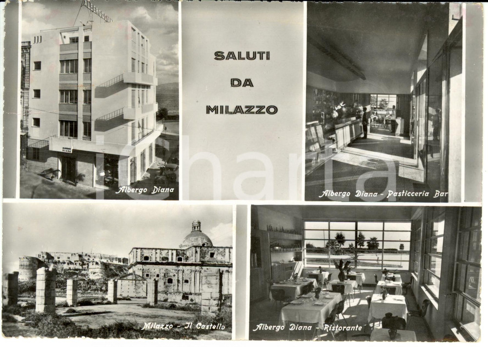Cartolina originale da collezione 1956 MILAZZO ME Vedutine dell  Albergo Diana e Castello Cartolina FG VG 1