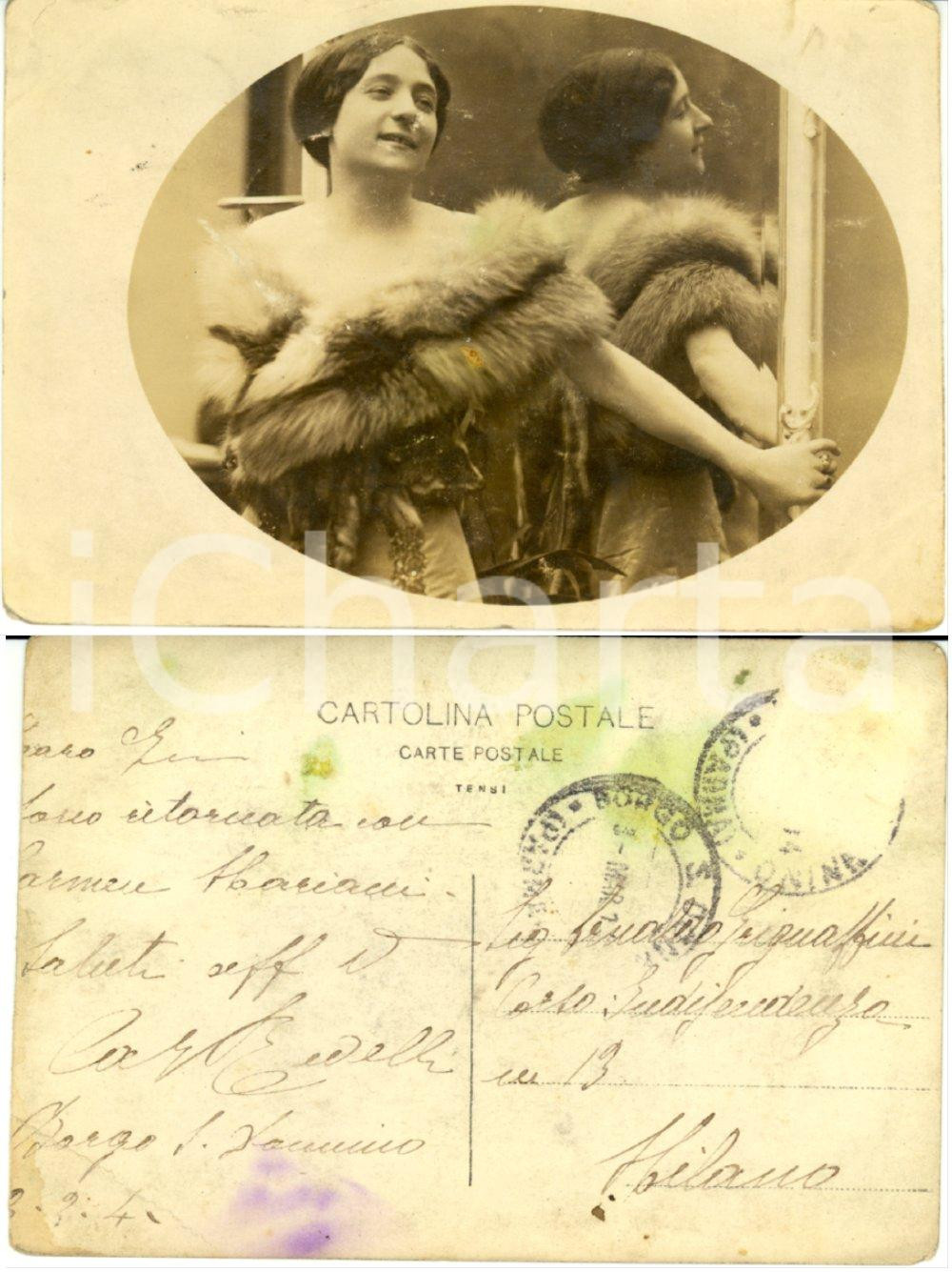 Cartolina originale da collezione 1914 FIDENZA PR Cantante operetta Carmela REVELLI allo specchio  AUTOGRAFO 1