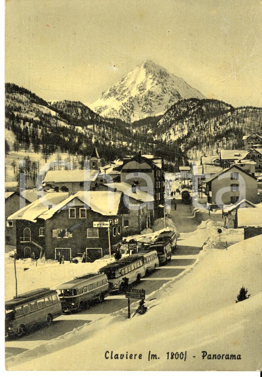 Cartolina originale da collezione 1945 ca CLAVIERE (TO) Fila di torpedoni per Monte CHABERTON *Cartolina FG VG 1