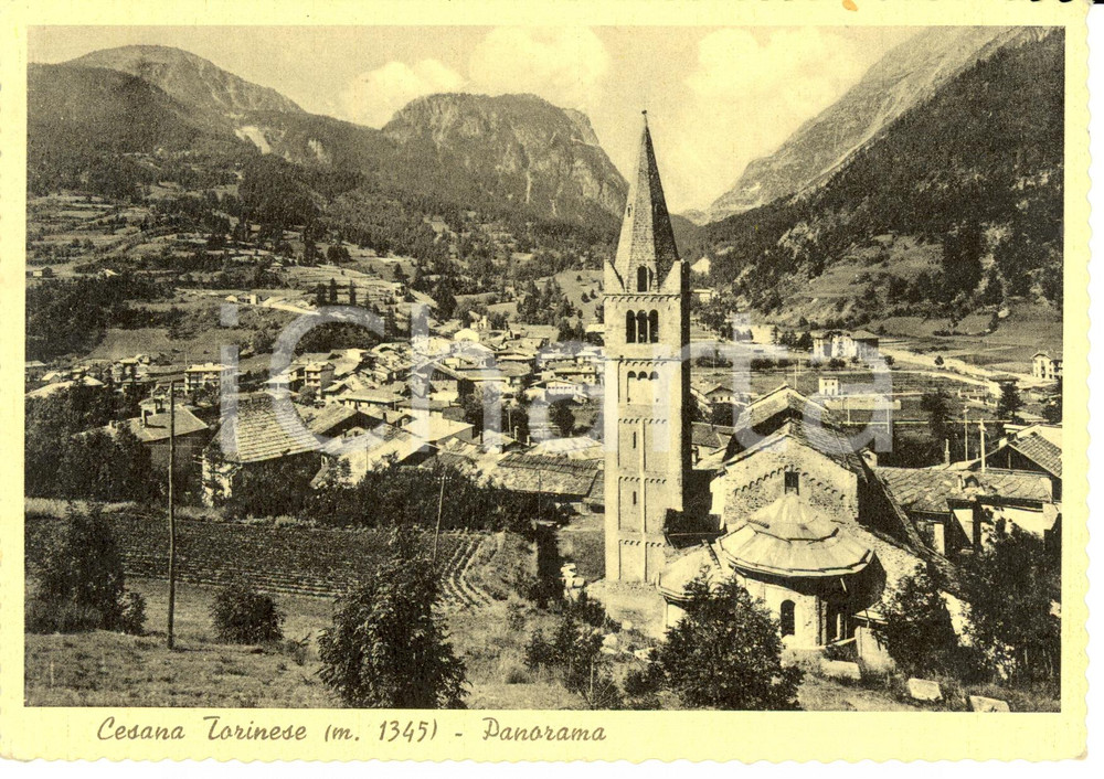 Cartolina originale da collezione 1958 CESANA TORINESE (TO) Panorama con campanile chiesa SAN GIOVANNI BATTISTA 1