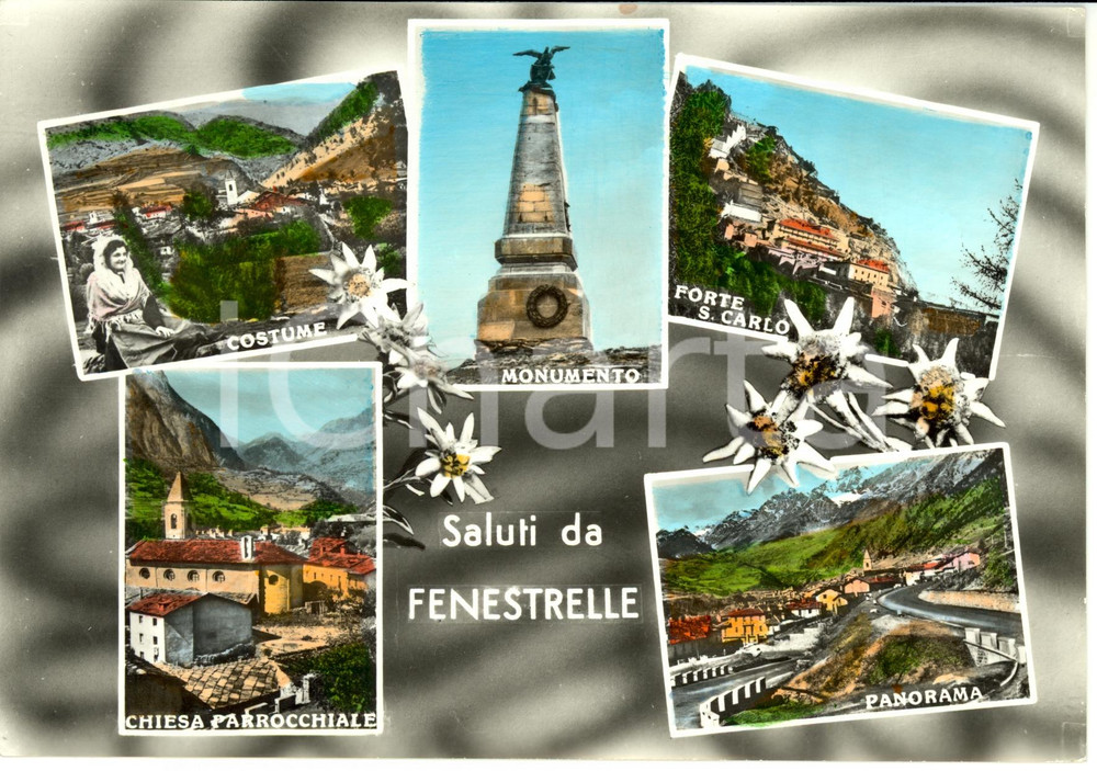 Cartolina originale da collezione 1965 FENESTRELLE (TO) Vedutine con FORTE SAN CARLO e costume tradizionale *FG VG 1
