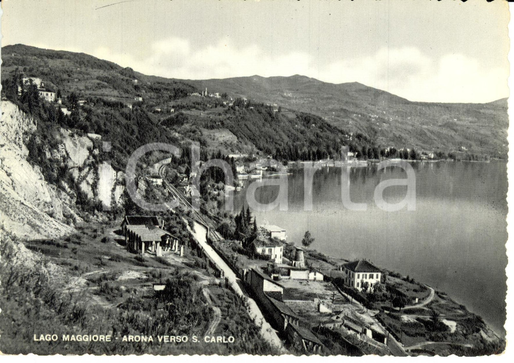 Cartolina originale da collezione 1952 ARONA NO Veduta panoramica LAGO MAGGIORE verso SAN CARLO FG VG 1