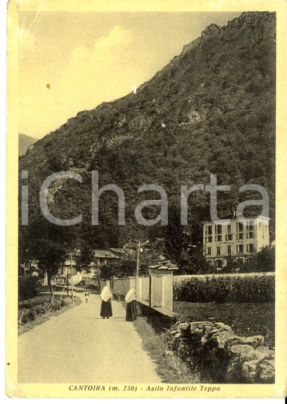 Cartolina originale da collezione 1940 ca CANTOIRA TO Veduta con asilo infantile TEPPA Animata con suore 1