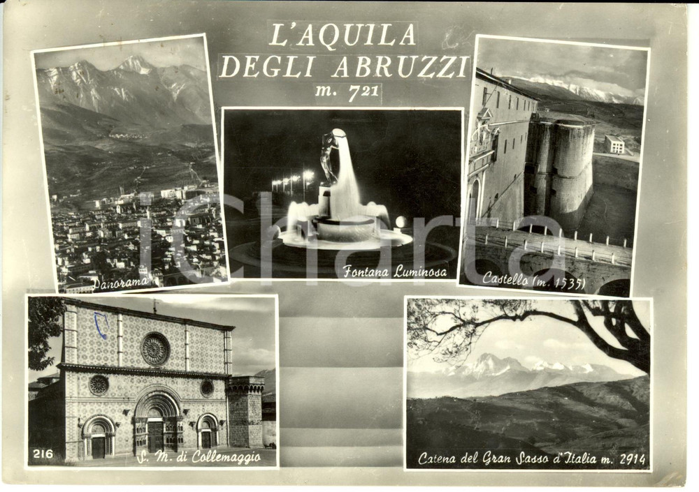 Cartolina originale da collezione 1958 L'AQUILA Vedutine con castello e fontana luminosa *Cartolina FG VG 1