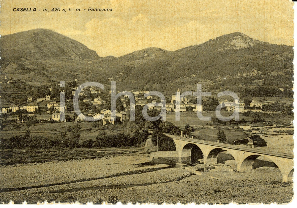Cartolina originale da collezione 1953 CASELLA (GE) Panorama con ponte ferroviario su torrente SCRIVIA *FG VG 1