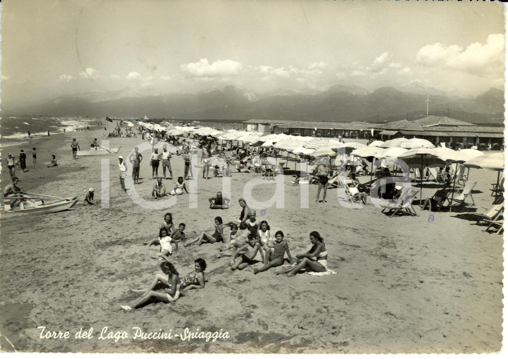 Cartolina originale da collezione 1953 VIAREGGIO LU Frazione TORRE DEL LAGO PUCCINI Scorcio della spiaggia VG 1