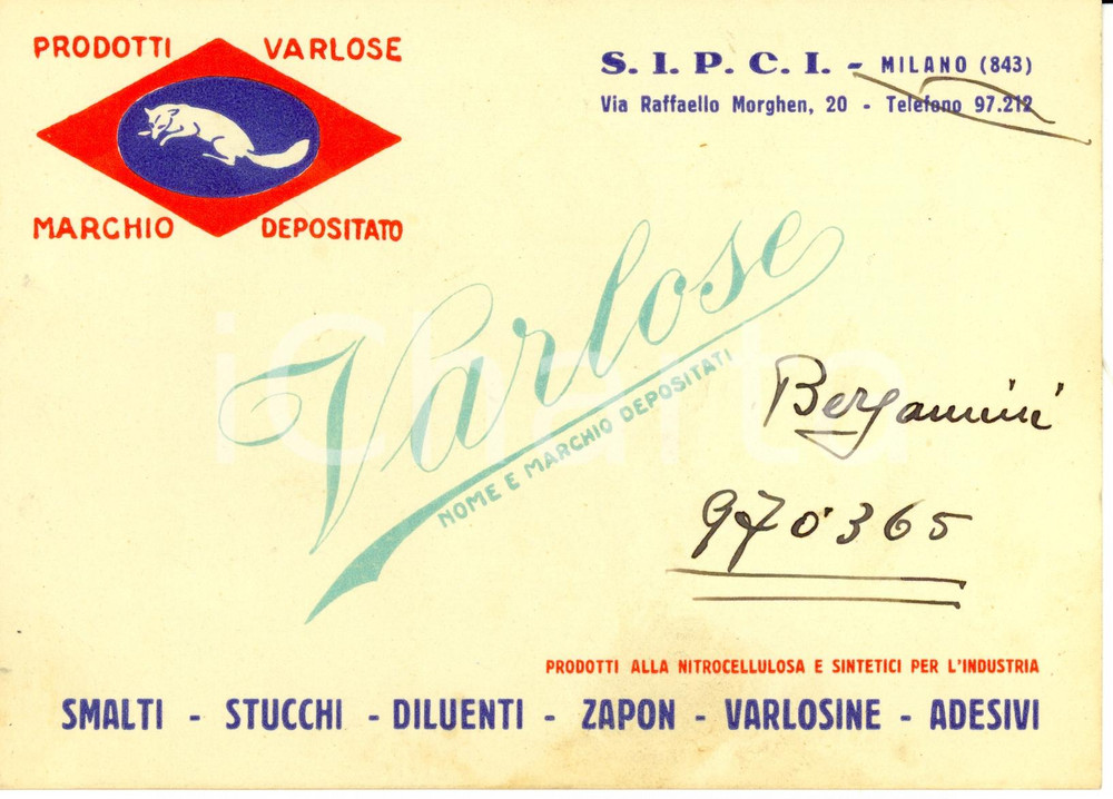 Materiale pubblicitario d’epoca 1950 ca MILANO BOVISA Via Morghen 20 VARLOSE prodotti industriali Cartoncino 1