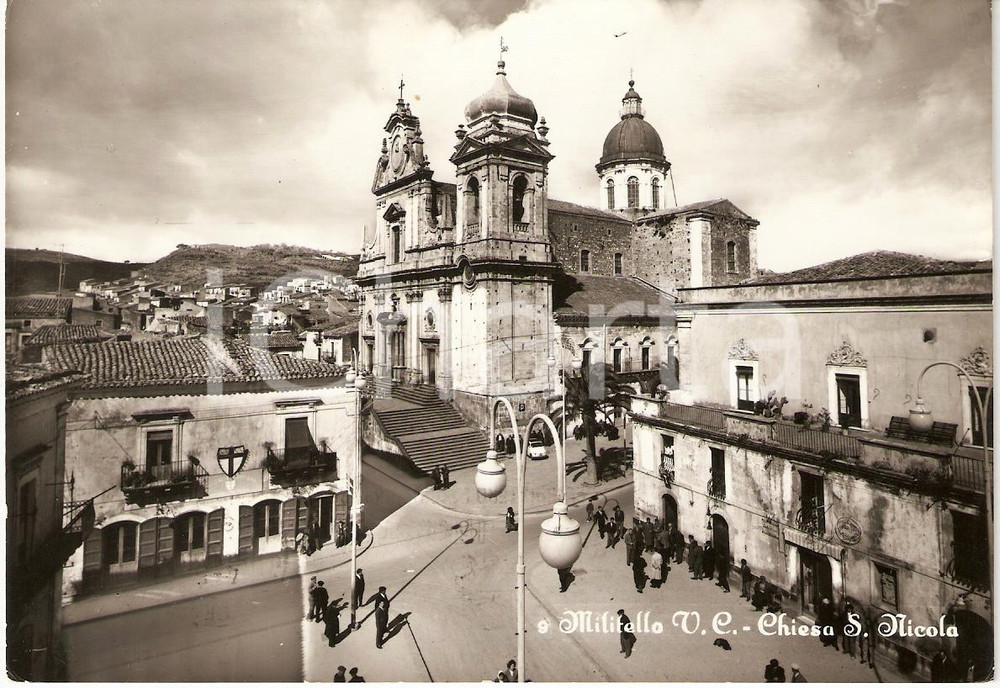 Cartolina originale da collezione 1960 MILITELLO IN VAL DI CATANIA Chiesa di SAN NICOLA Cartolina animata FG VG 1
