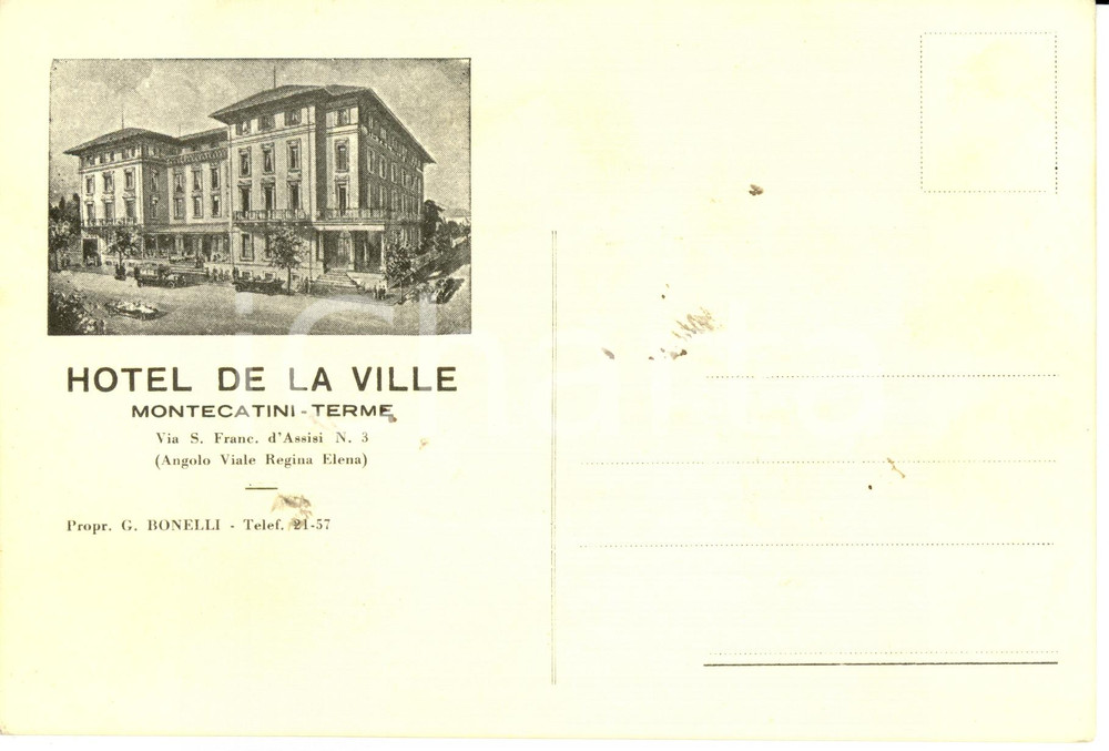 Cartolina originale da collezione 1940 ca MONTECATINI TERME PT Hotel DE LA VILLE Cartolina pubblicitaria FG NV 1