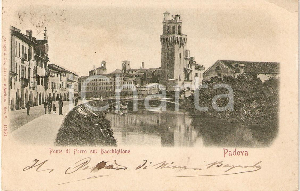 Cartolina originale da collezione 1910 ca PADOVA Ponte di ferro sul BACCHIGLIONE Animata Cartolina in rilievo FG 1