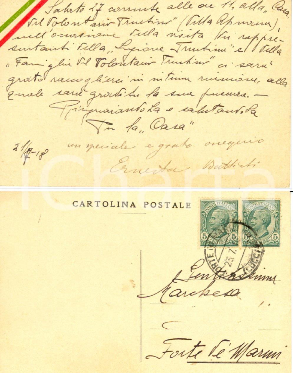 Autografo originale 1918 TRENTO Ernesta BITTANTI BATTISTI  Casa del Volontario Trentino AUTOGRAFO 1