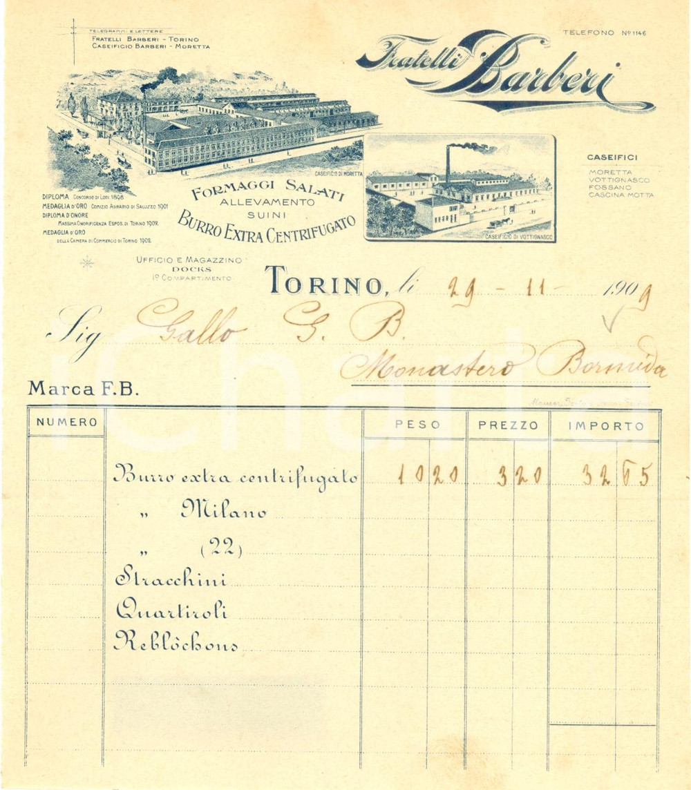 Documento originale, autentico 1909 MORETTA Caseificio Fratelli BARBERI formaggi salati Fattura ILLUSTRATA 2 1