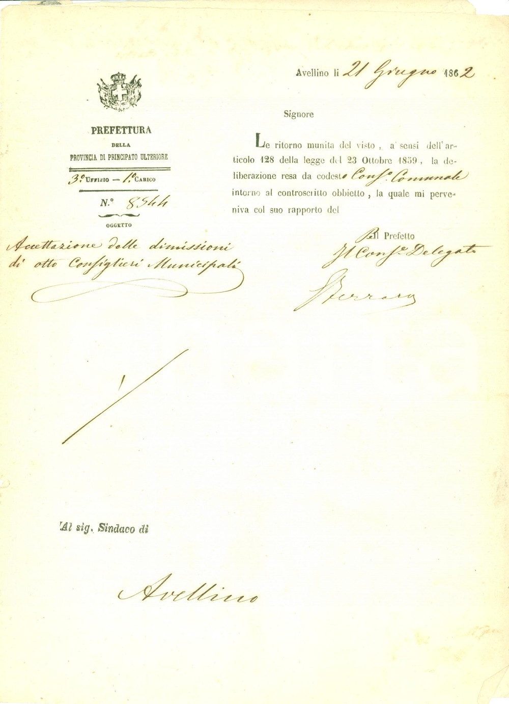Documento originale, autentico 1862 AVELLINO Dimissione di otto consiglieri comunali *Documento 1