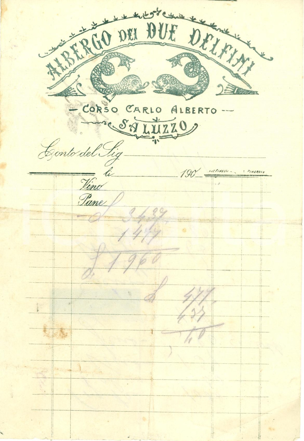 Documento originale, autentico 1910 ca SALUZZO (CN) Albergo DEI DUE DELFINI *Fattura commerciale 1