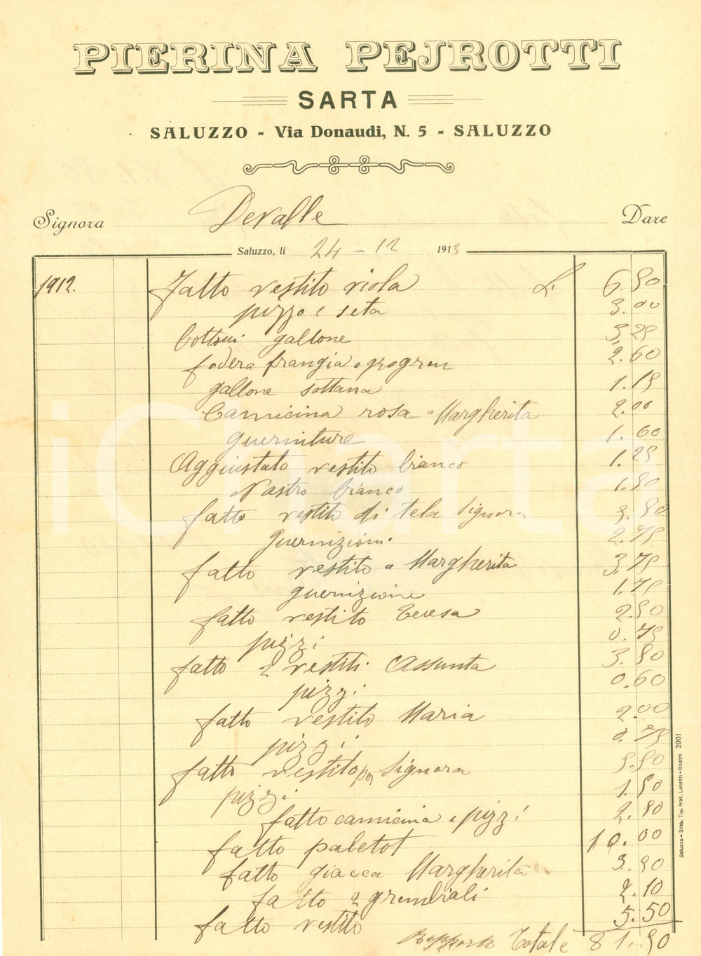 Documento originale, autentico 1913 SALUZZO (CN) Conto lavori Pierina PEJROTTI sarta *Fattura commerciale 1