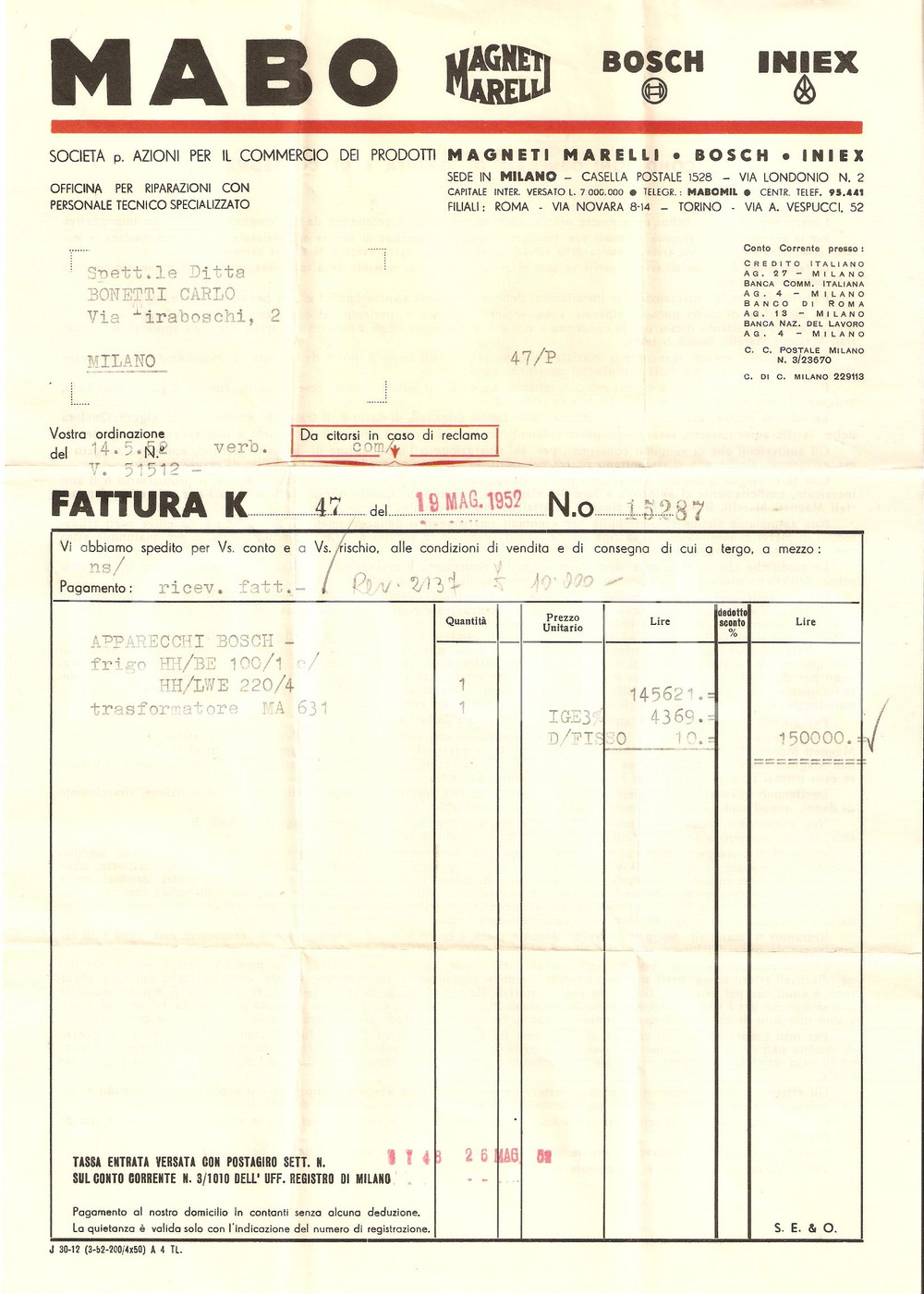 1952 MILANO Società MABO Commercio prodotti MAGNETI MARELLI Iniex BOSCH *Fattura
