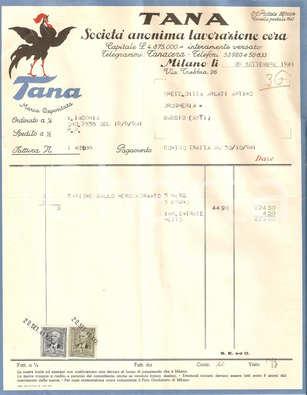 Documento originale, autentico 1941 MILANO SocietÃ  TANA Lavorazione cera Fattura ILLUSTRATA 1