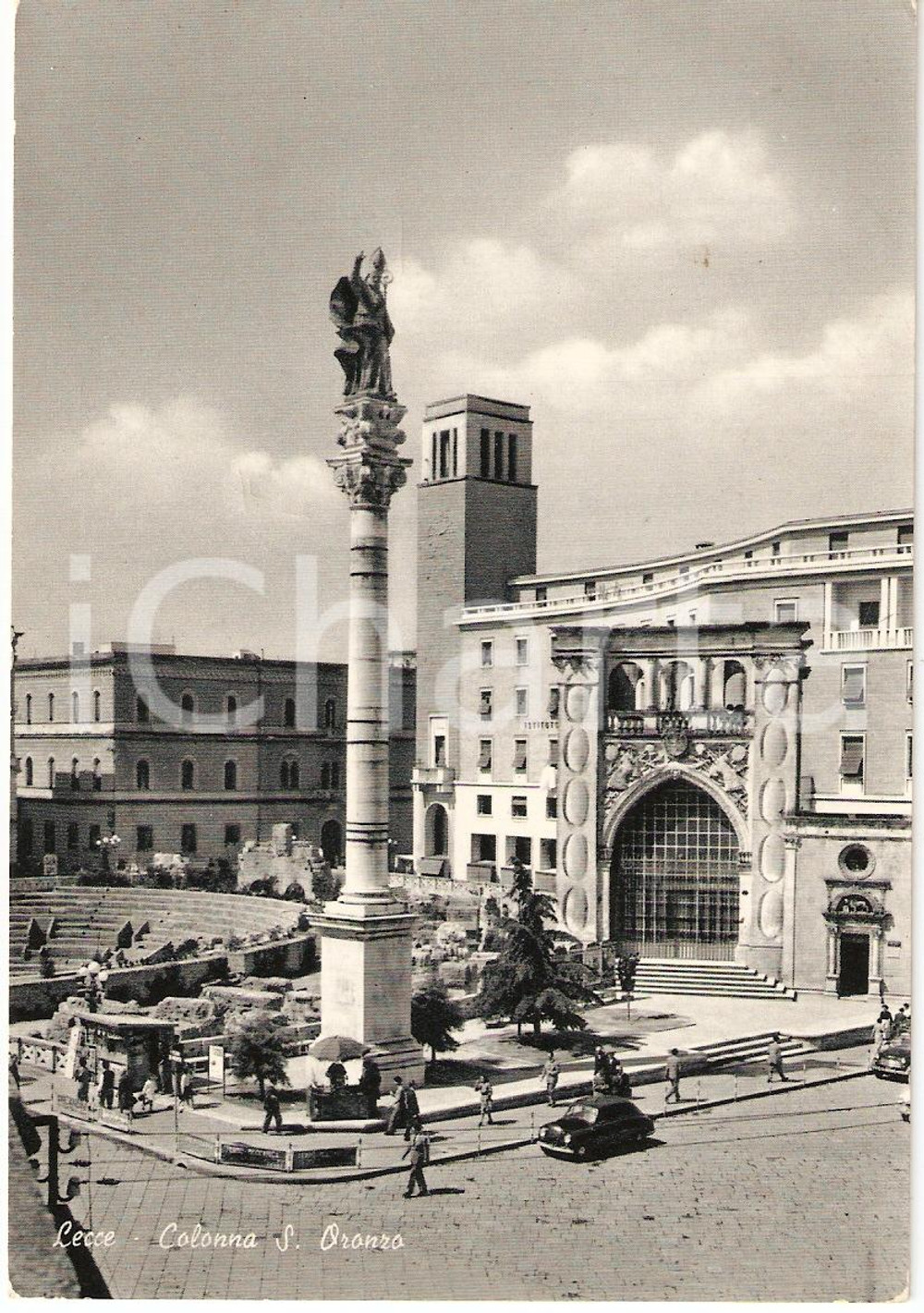 Cartolina originale da collezione 1965 LECCE Colonna di SANT ORONZO Veduta aerea ANIMATA Cartolina FG NV 1