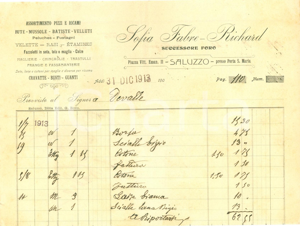 Documento originale, autentico 1913 SALUZZO Sofia FABRERICHARD pizzi e ricami cravatte guanti Fattura 1