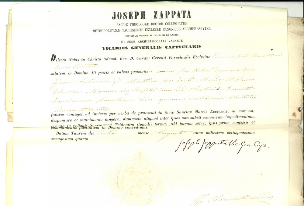 Documento originale, autentico 1864 TORINO Matrimonio Antonio FERRARI - Teresa BARRA Mons. Giuseppe ZAPPATA 1