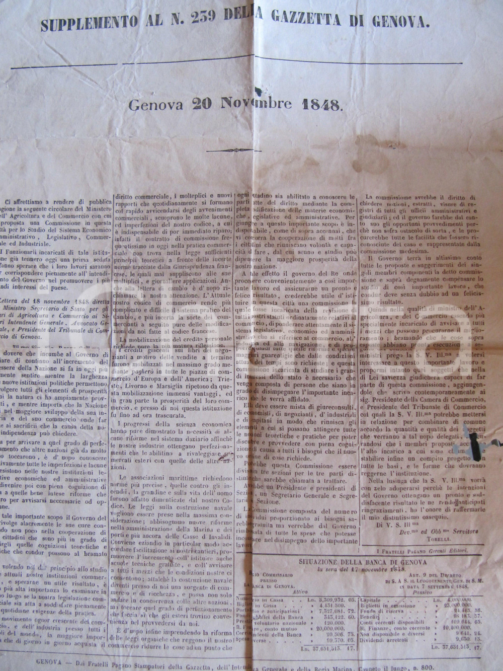 1848 GENOVA Occorre commissione per riformare leggi e commercio città *Documento