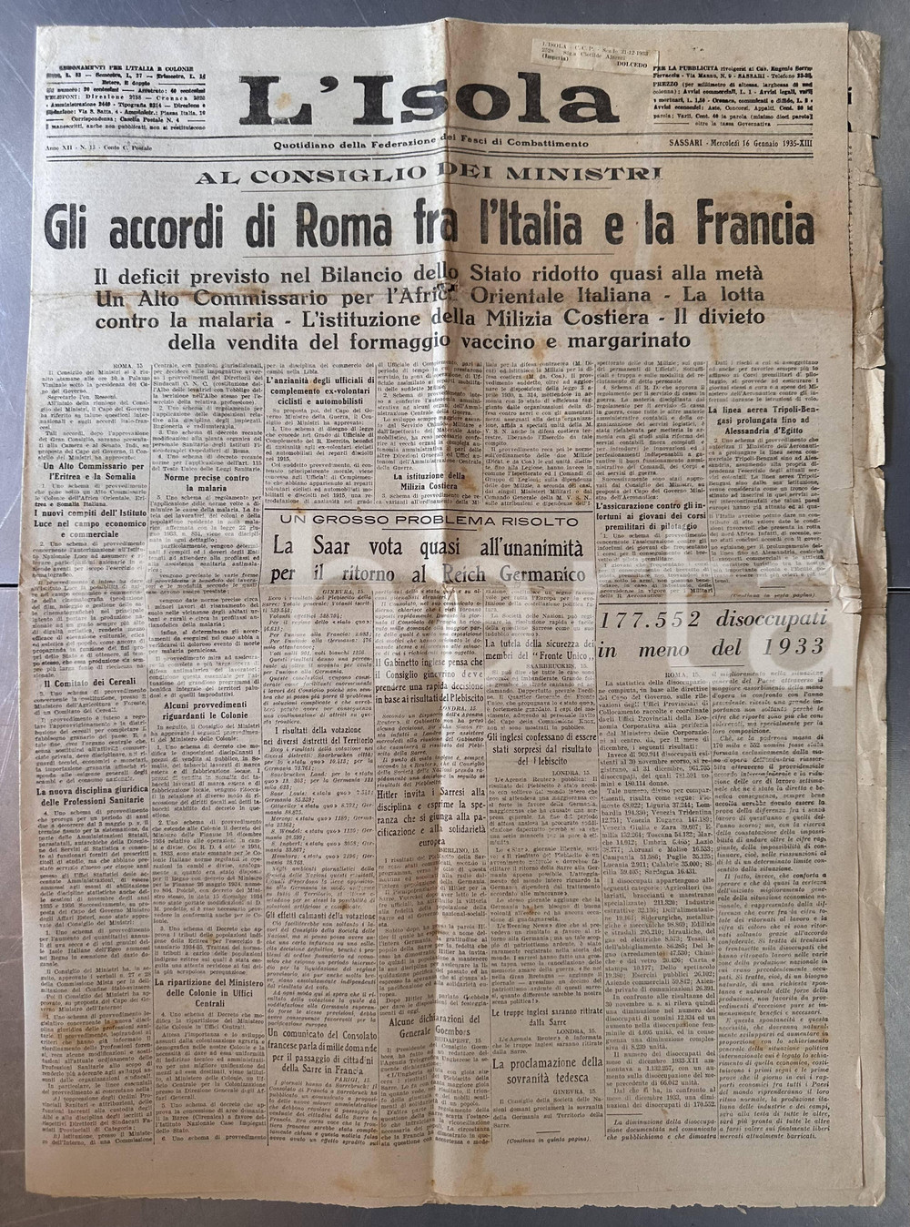 Giornale, rivista storica 1935 SASSARI Giornale L'ISOLA Accordi di ROMA tra ITALIA e FRANCIA 1