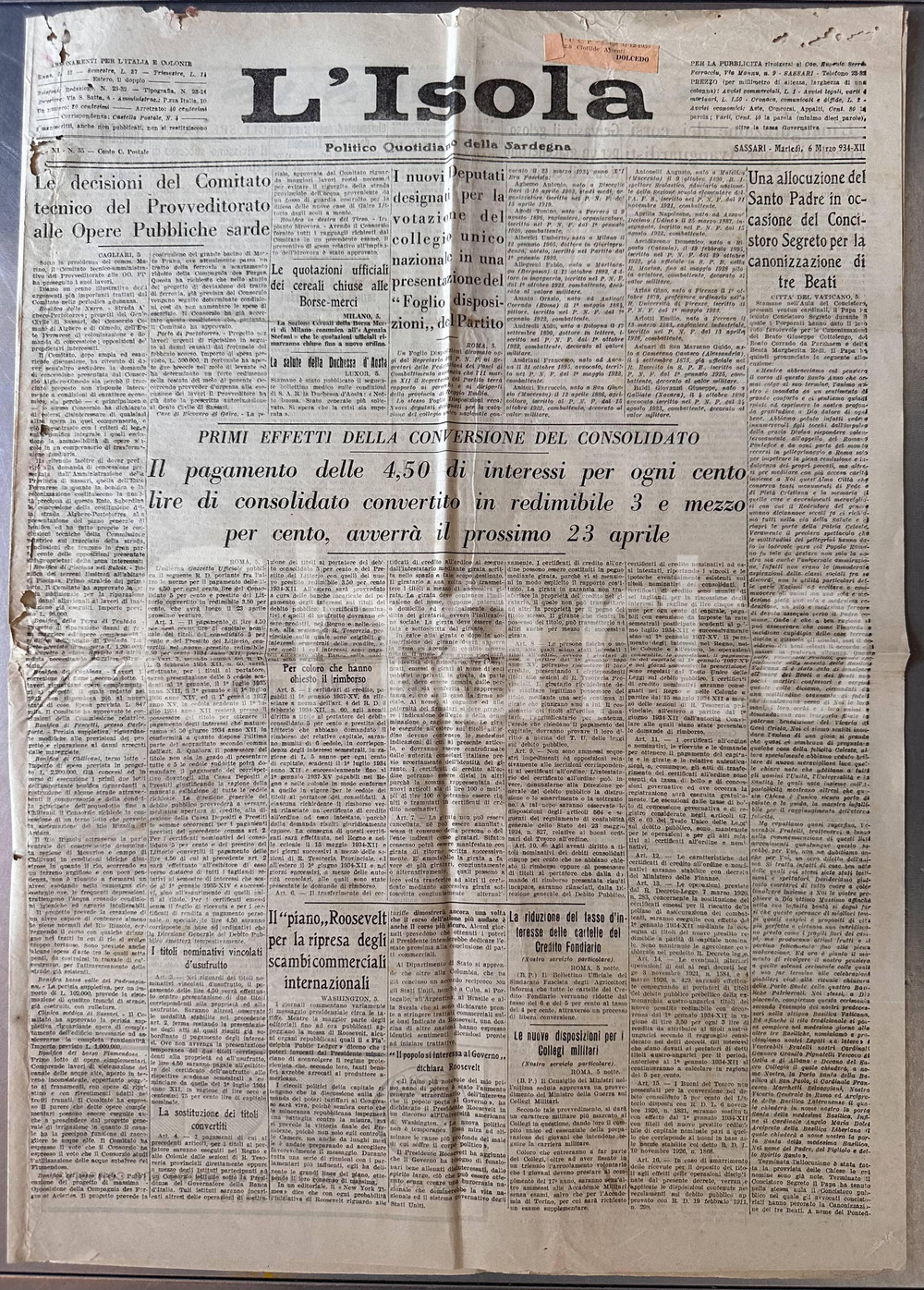 Giornale, rivista storica 1934 SASSARI Giornale L'ISOLA Opere Pubbliche sarde Bonifica NURRA *DANEGGIATO 1