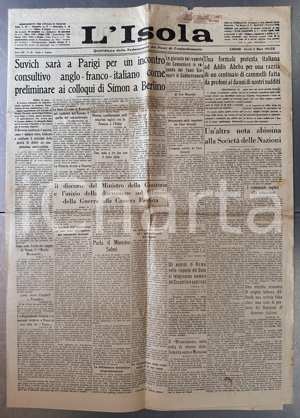 Giornale, rivista storica 1935 SASSARI Giornale ISOLA Isolamento ITTIREDDU tagliato via da linee stradali 1