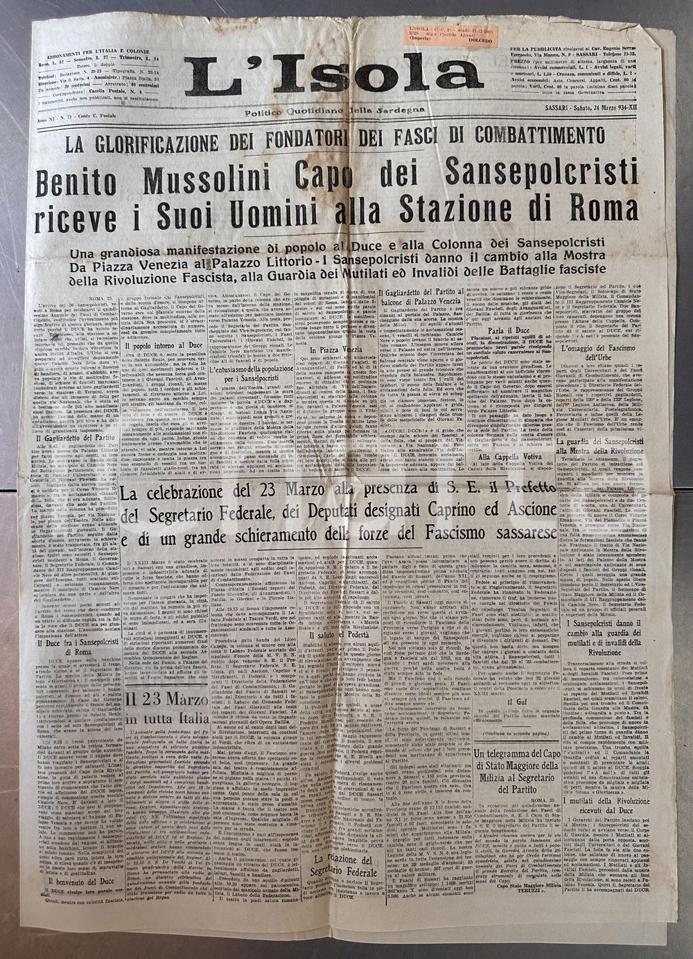 Giornale, rivista storica 1934 SASSARI Giornale ISOLA Benito MUSSOLINI accoglie Sansepolcristi a ROMA 1