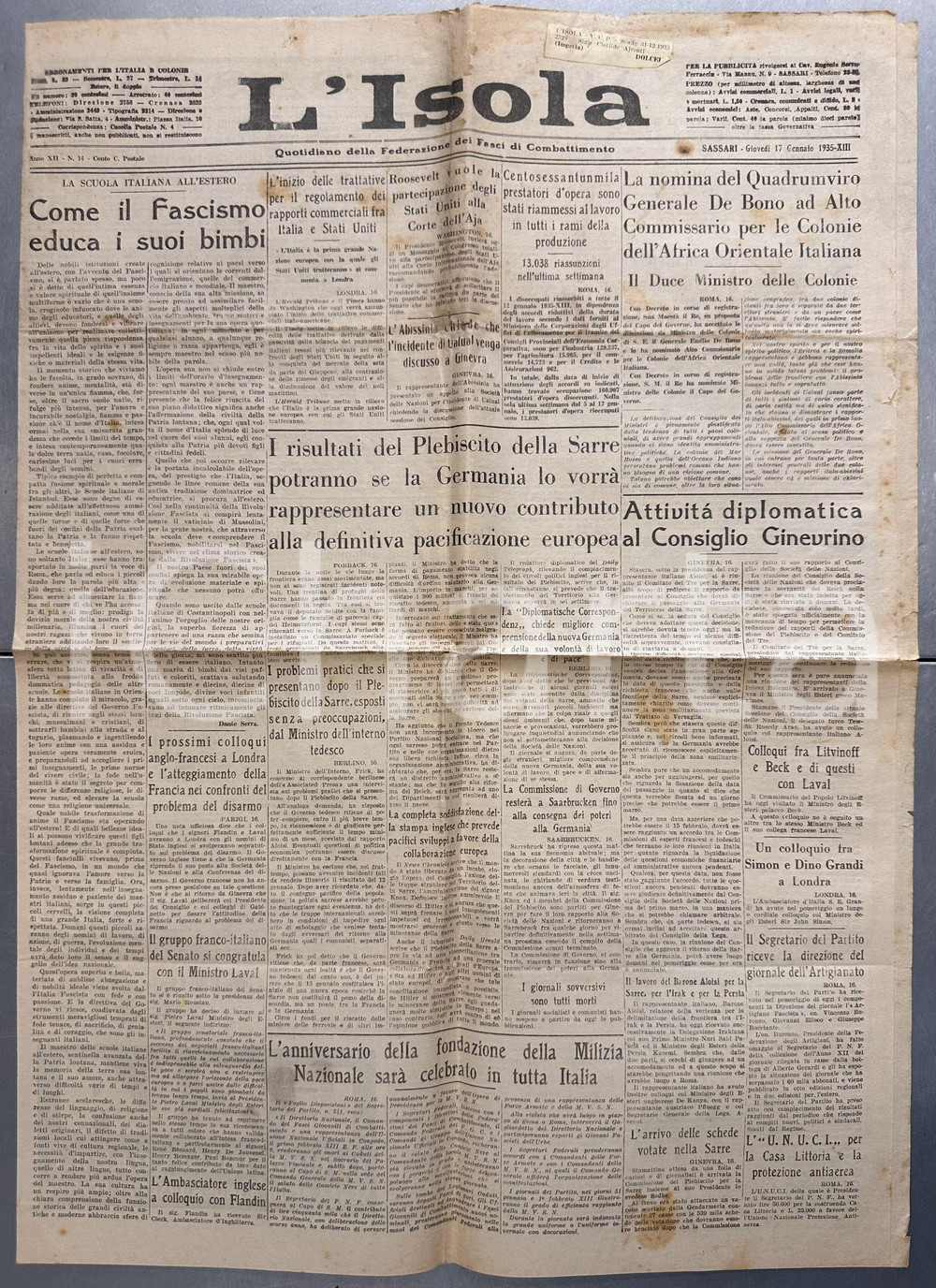 Giornale, rivista storica 1935 SASSARI Giornale ISOLA Scuola italiana fascista all estero DANNEGGIATO 1