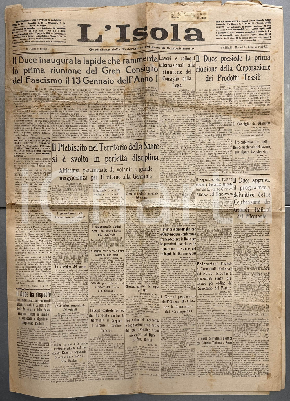 Giornale, rivista storica 1935 SASSARI Giornale ISOLA Befana Fascista Quartiere SAN DONATO *DANNEGGIATO 1
