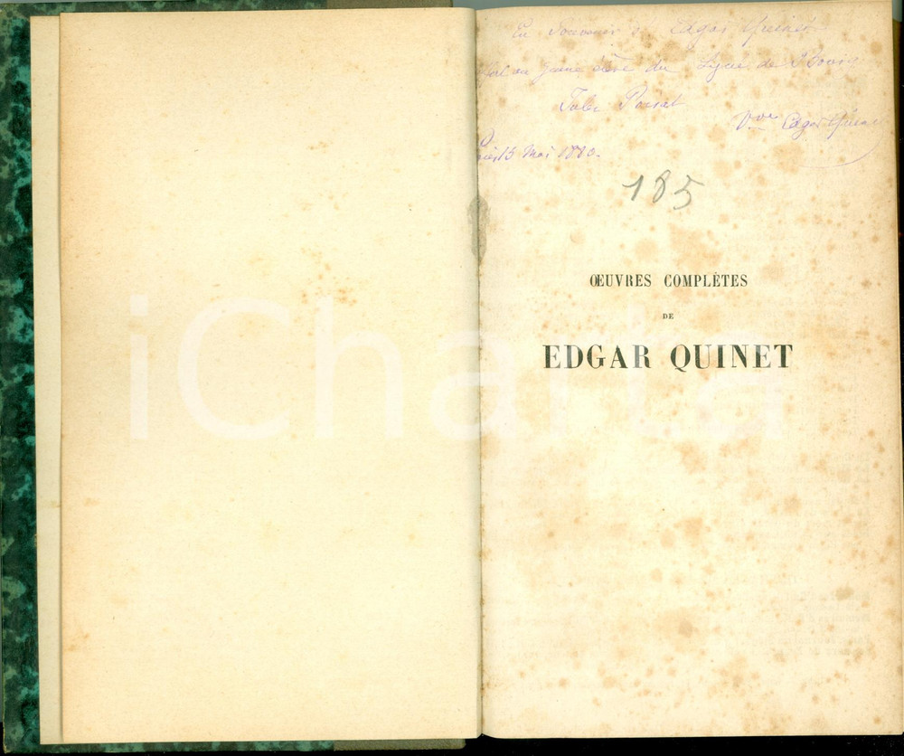 Libro, pubblicazione d'epoca 1876 Edgar QUINET Histoire de mes idÃ©es Dedica AUTOGRAFA Hermione ASACHI 1