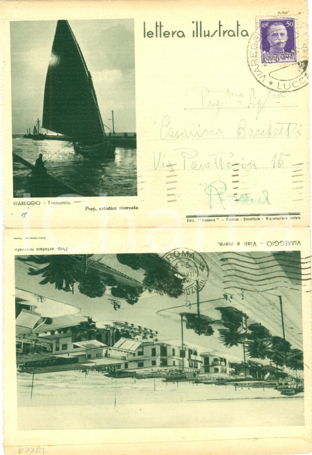 Cartolina originale da collezione 1938 VIAREGGIO (LU) Viali lungomare barche al tramonto *Lettera ILLUSTRATA 1