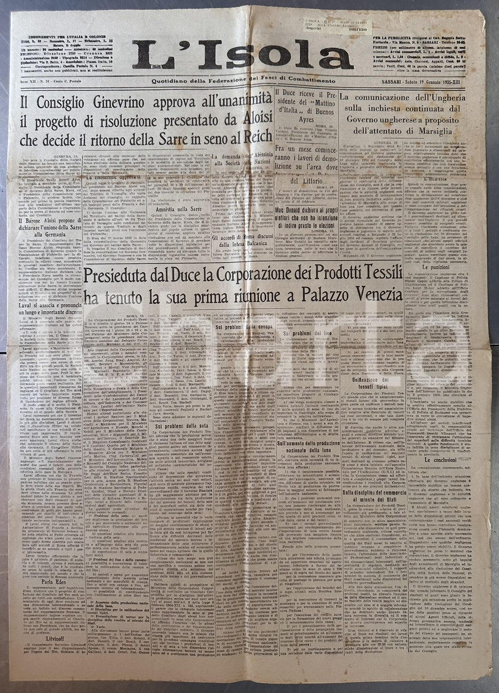 Giornale, rivista storica 1935 SASSARI Giornale L'ISOLA Prima riunione Corporazione Prodotti Tessili 1