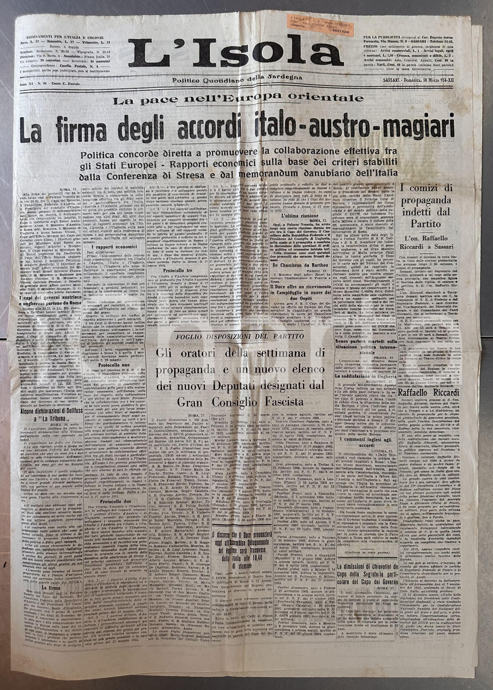 Giornale, rivista storica 1934 SASSARI Giornale L'ISOLA Firma accordi pace tra ITALIA AUSTRIA e UNGHERIA 1