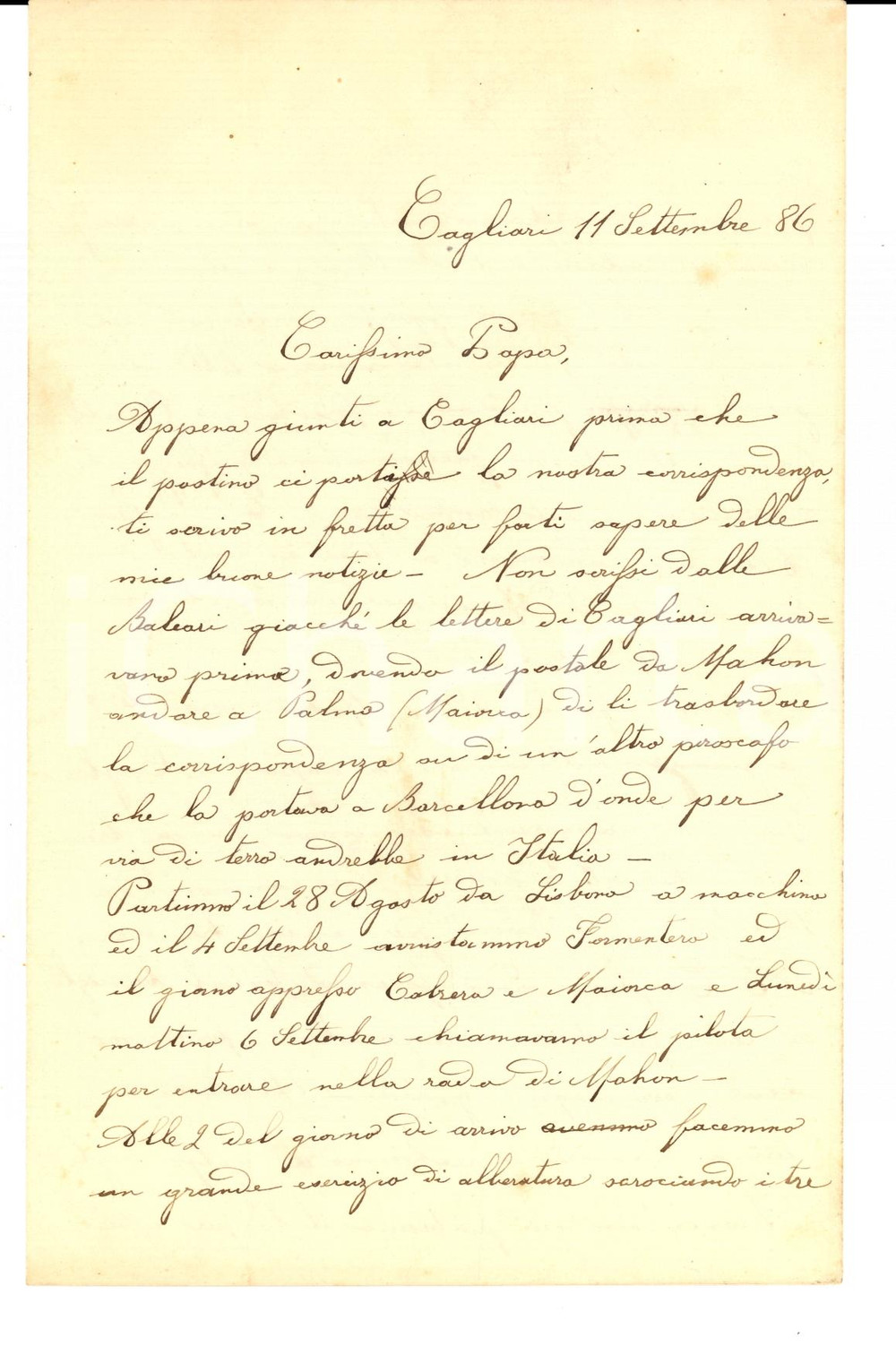 Manoscritto, lettera originale 1886 CAGLIARI REGIA MARINA Vittorio TORNIELLI esegue tiri al cannone Autografo 1