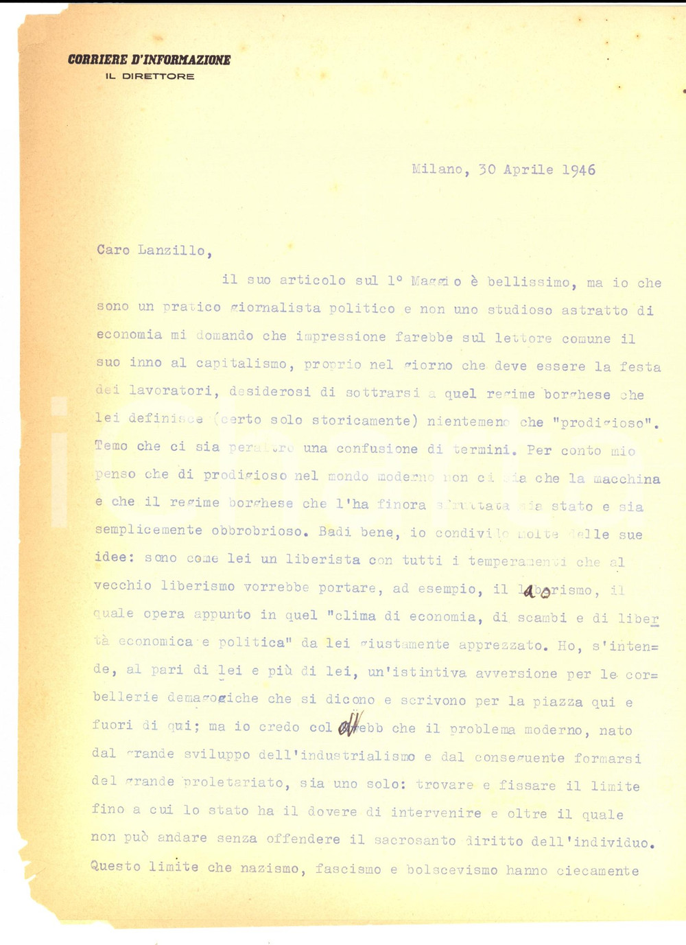 Autografo originale 1946 MILANO Mario BORSA contro corbellerie demagogiche del 1° Maggio AUTOGRAFO 1