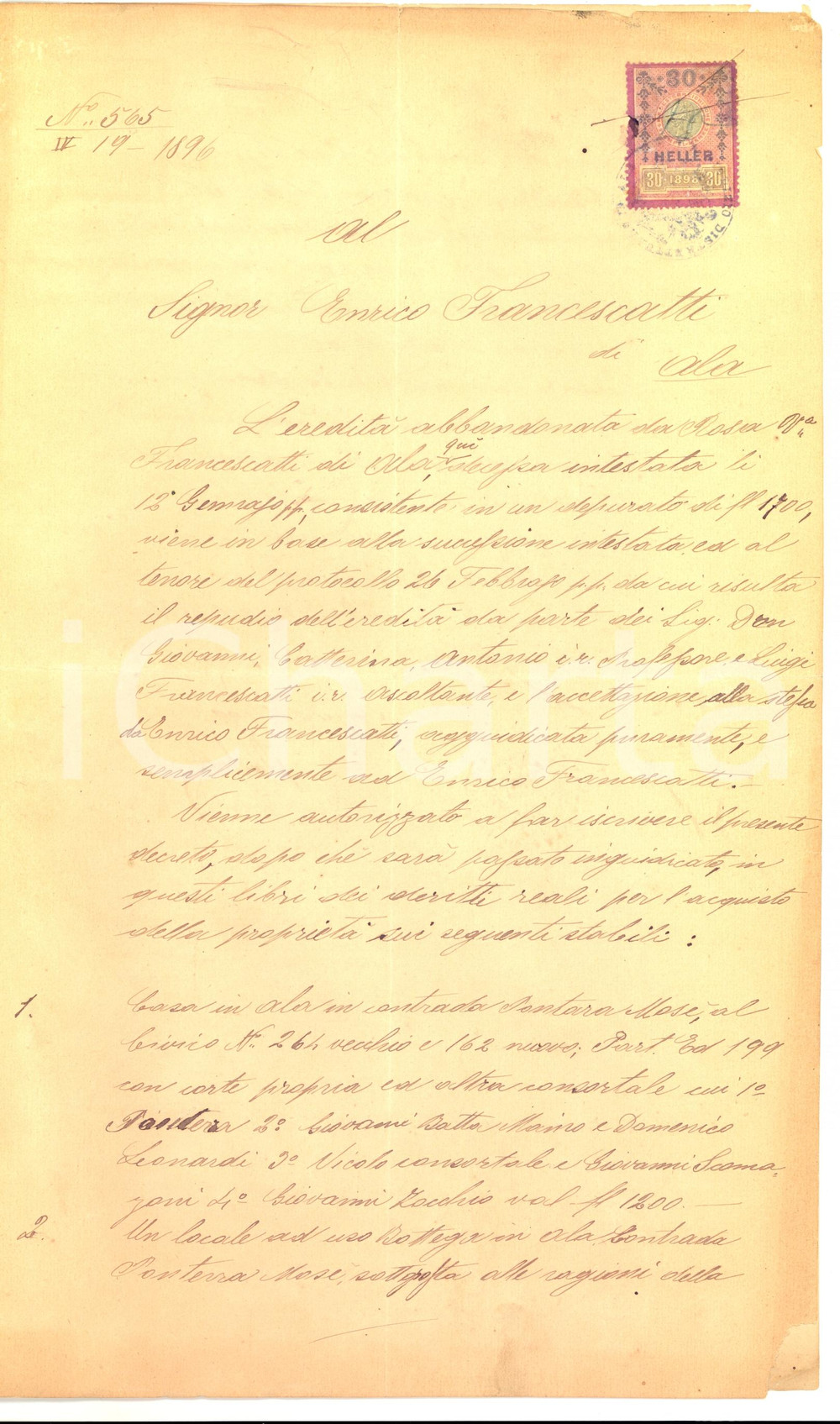 Documento originale, autentico 1896 ALA (TN) Enrico FRANCESCATTI accetta in ereditÃ  casa con bottega 1