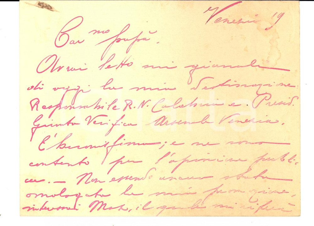 Manoscritto, lettera originale 1919 VENEZIA Vittorio TORNIELLI al padre: nuovo responsabile REGIA NAVE CALABRIA 1