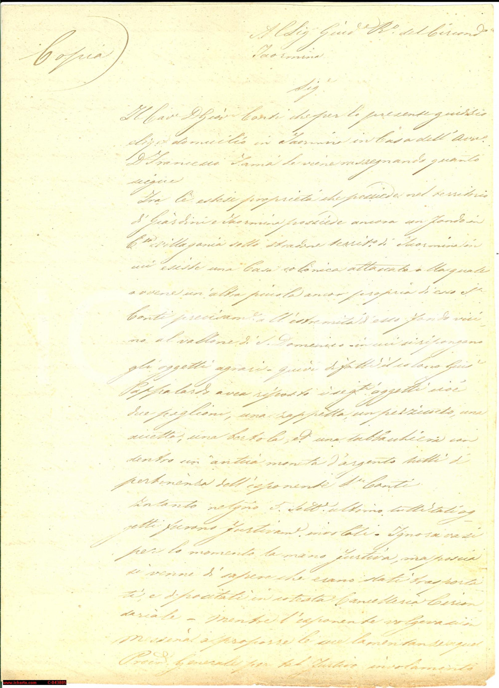 Documento originale, autentico 1854 TAORMINA Peripezie del colono Giuseppe PAPPALARDO 1