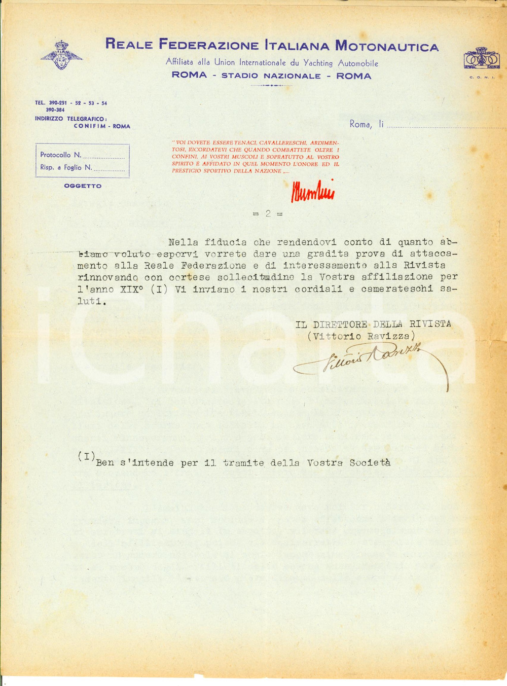 Manoscritto, lettera originale 1941 ROMA Rivista FIM MOTONAUTICA Rinnovo abbonati Autografo Vittorio RAVIZZA 1