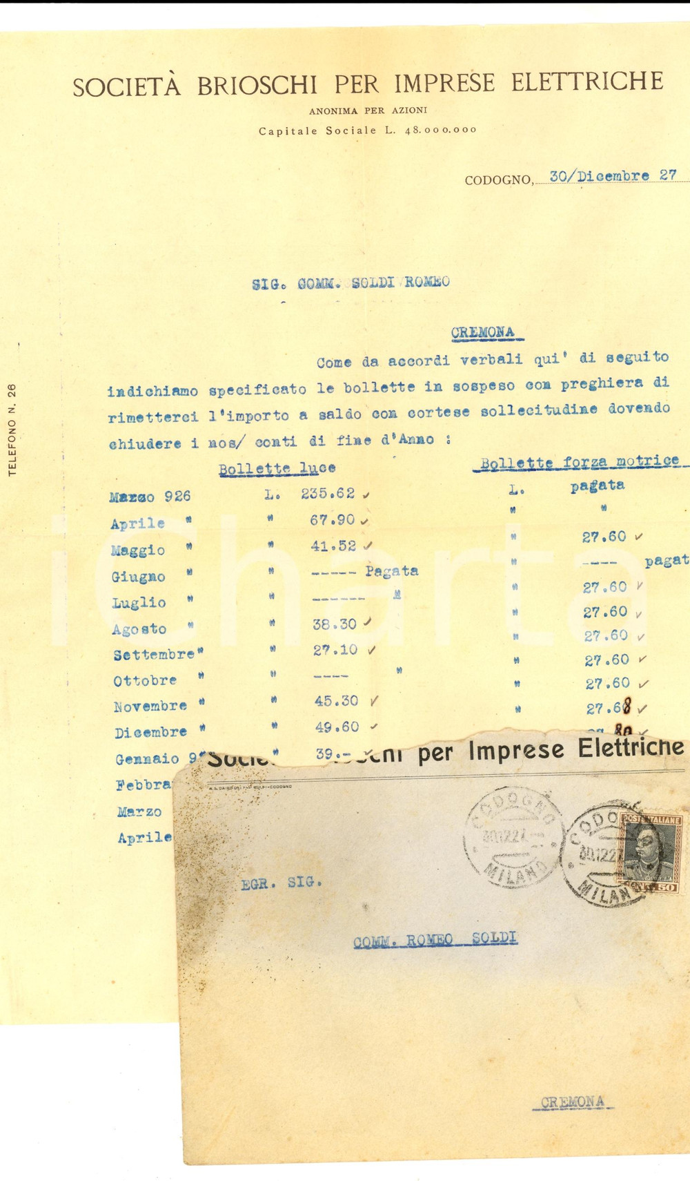 Manoscritto, lettera originale 1927 CODOGNO LO Società BRIOSCHI per Imprese Elettriche Lettera a Romeo SOLDI 1