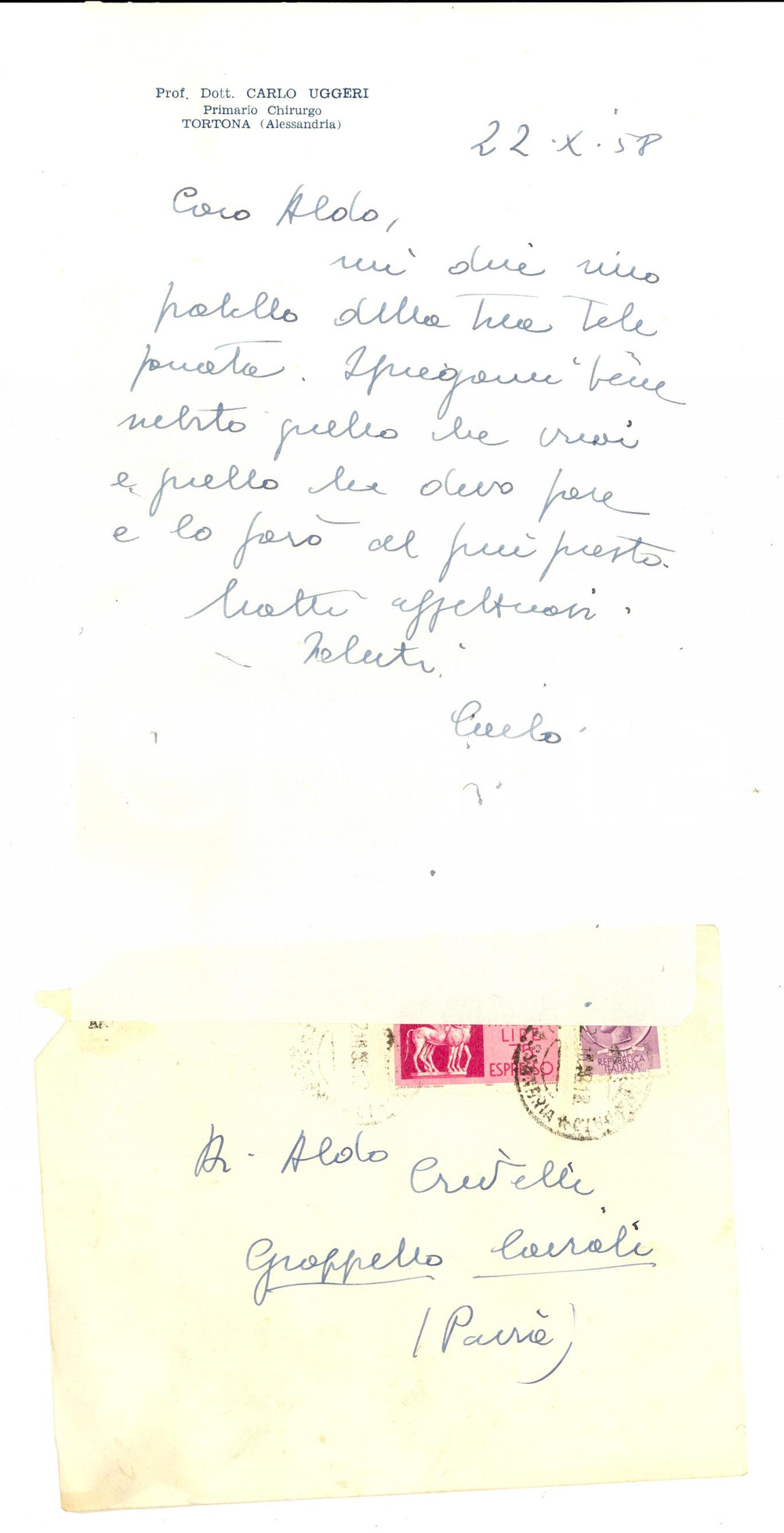 Autografo originale 1958 TORTONA (AL) Prof. Carlo UGGERI promette aiuto a un amico *Autografo 1