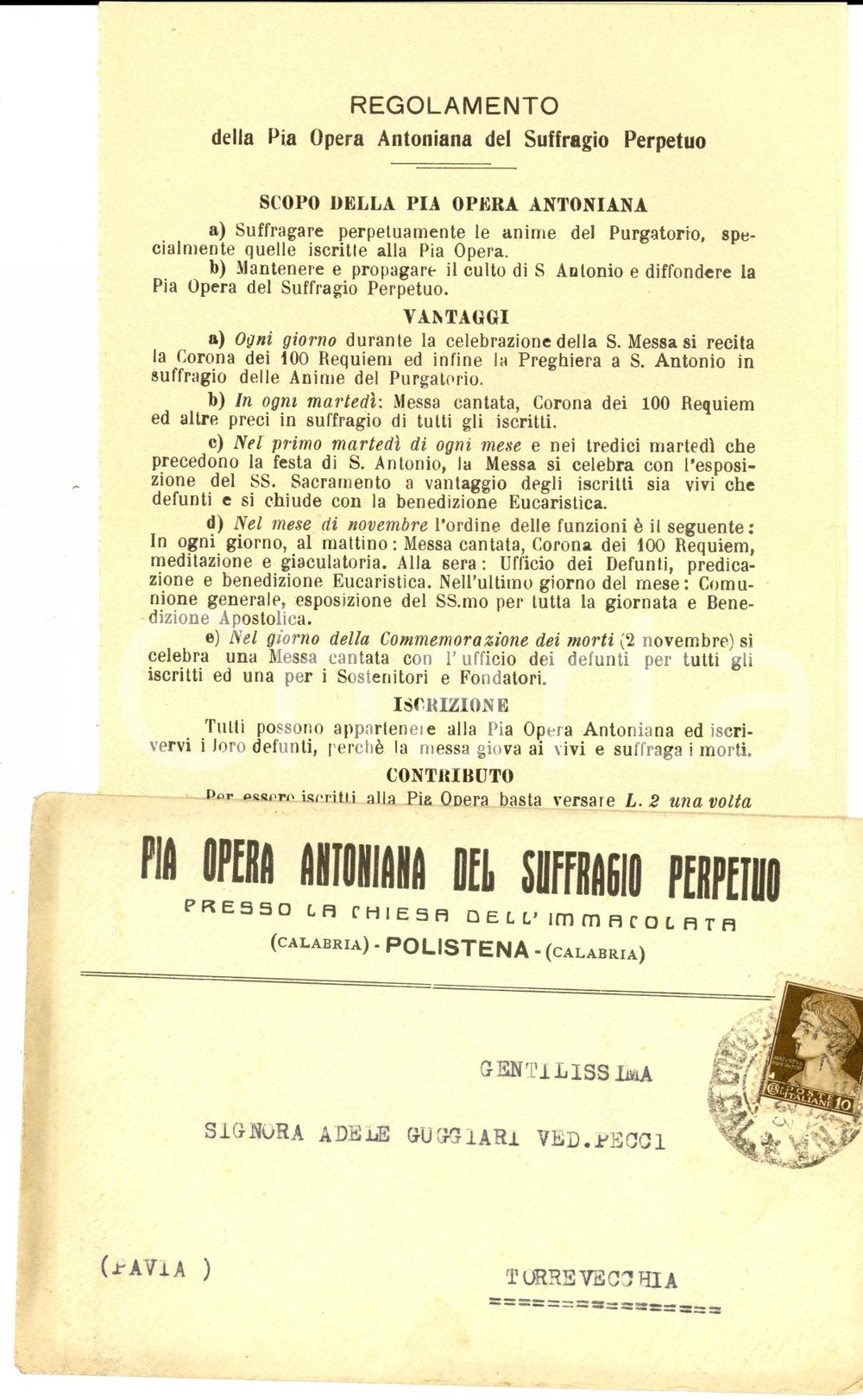 Manoscritto, lettera originale 1933 POLISTENA (RC) Pia Opera Antoniana del Suffragio Perpetuo *Pubblicitaria 1
